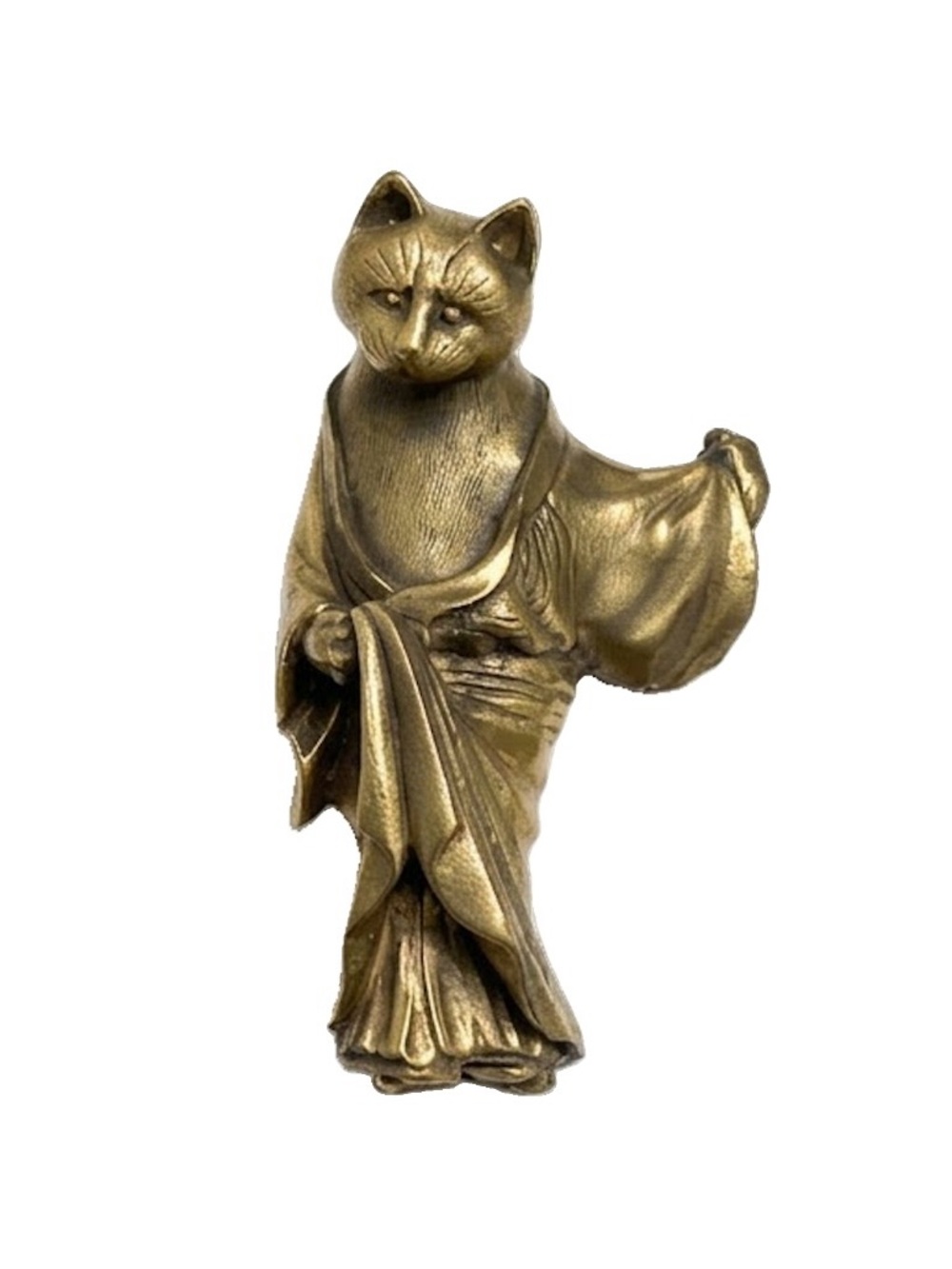 PEM • Vintage Signed Antique Brass Kimono Anthropomorphic Cat Brooch Pin